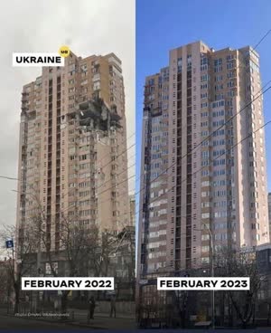 우크라이나 미사일 맞았던 아파트 복원